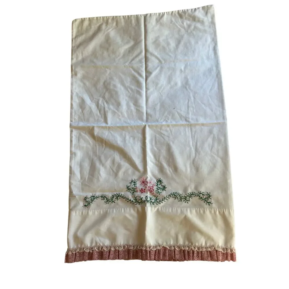 2 Vintage standard pillowcases embroidered pink green floral lace edges